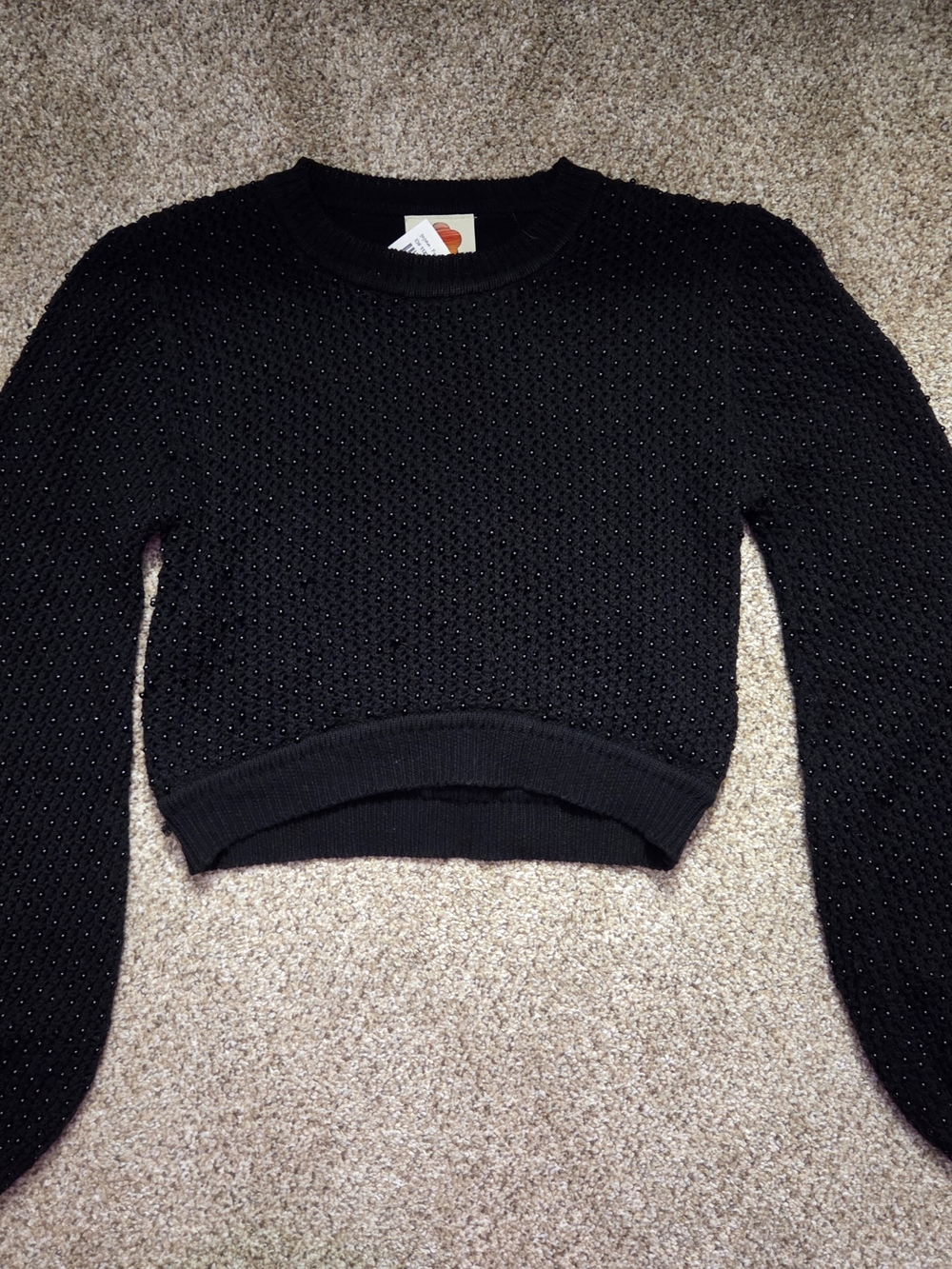 Farm Rio POM POM CROPPED BLACK Textured Sweater